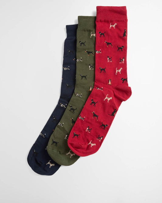 Barbour Mens Dog Sock Gift Set - Navy/Red/Green, front.