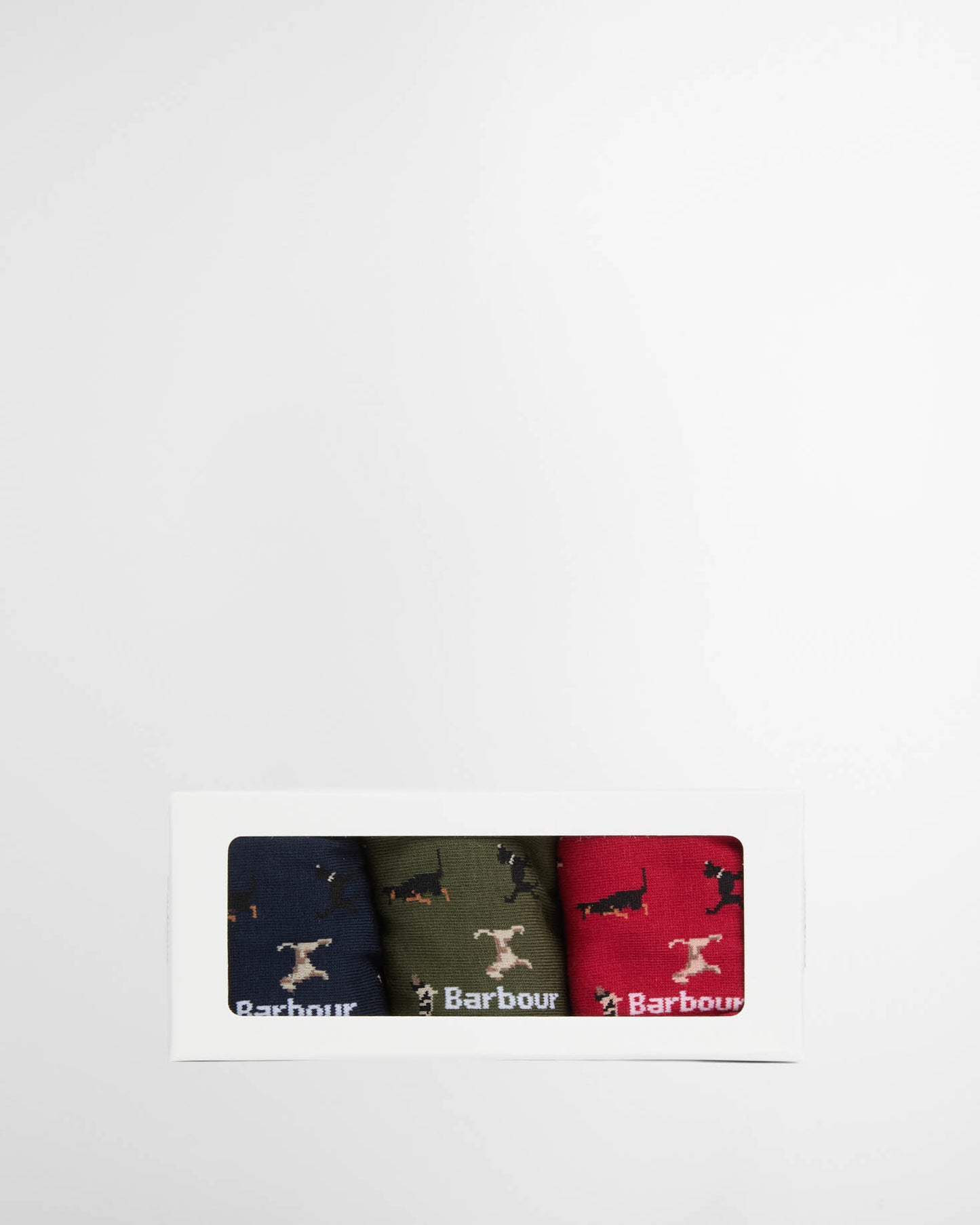 Barbour Mens Dog Sock Gift Set - Navy/Red/Green, box.