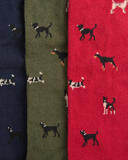 Barbour Mens Dog Sock Gift Set - Navy/Red/Green, swatch.