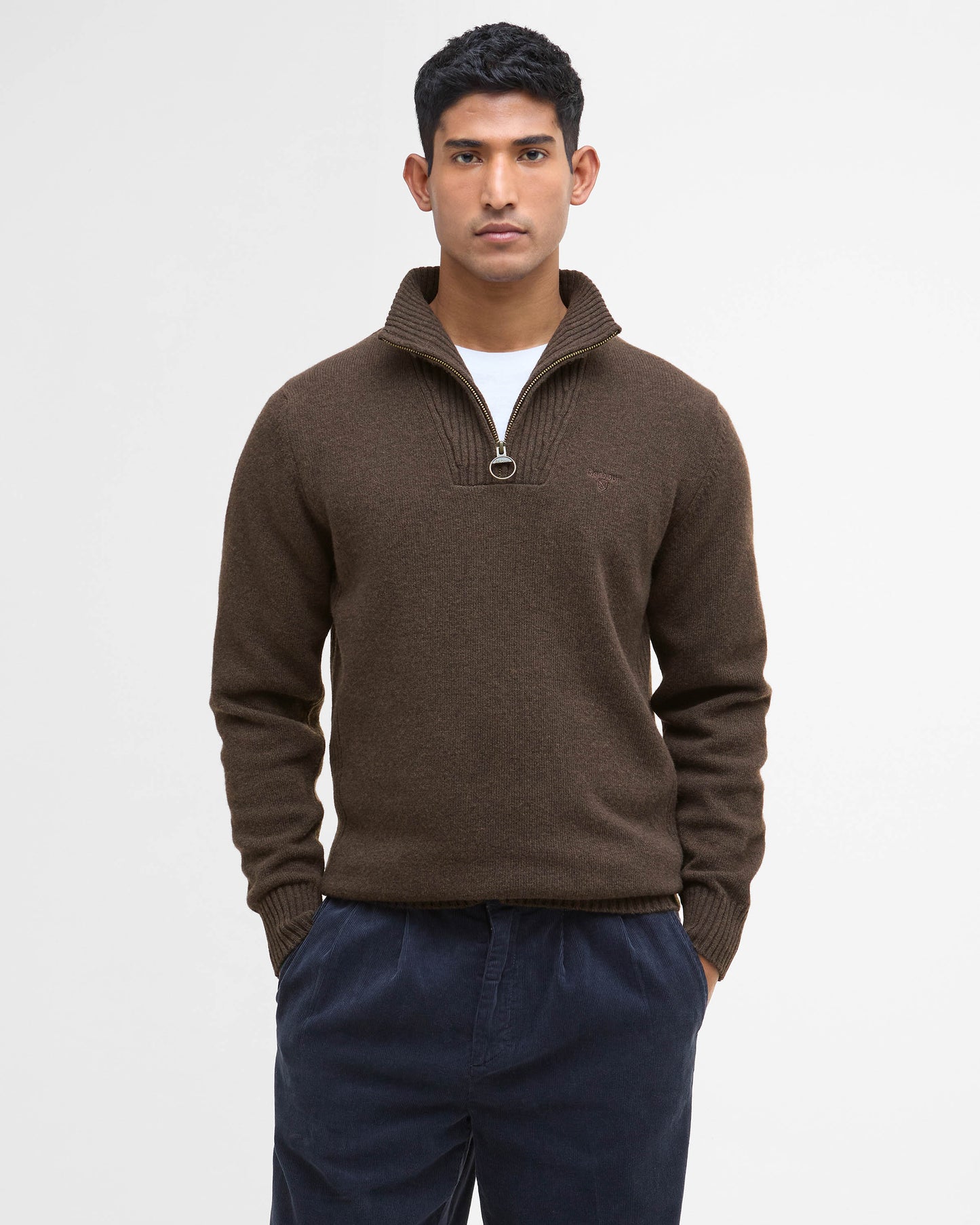 Barbour Essential Lambswool Mens Half-Zip Jumper - Dark Oak | CHO | Designer Mens Knitwear