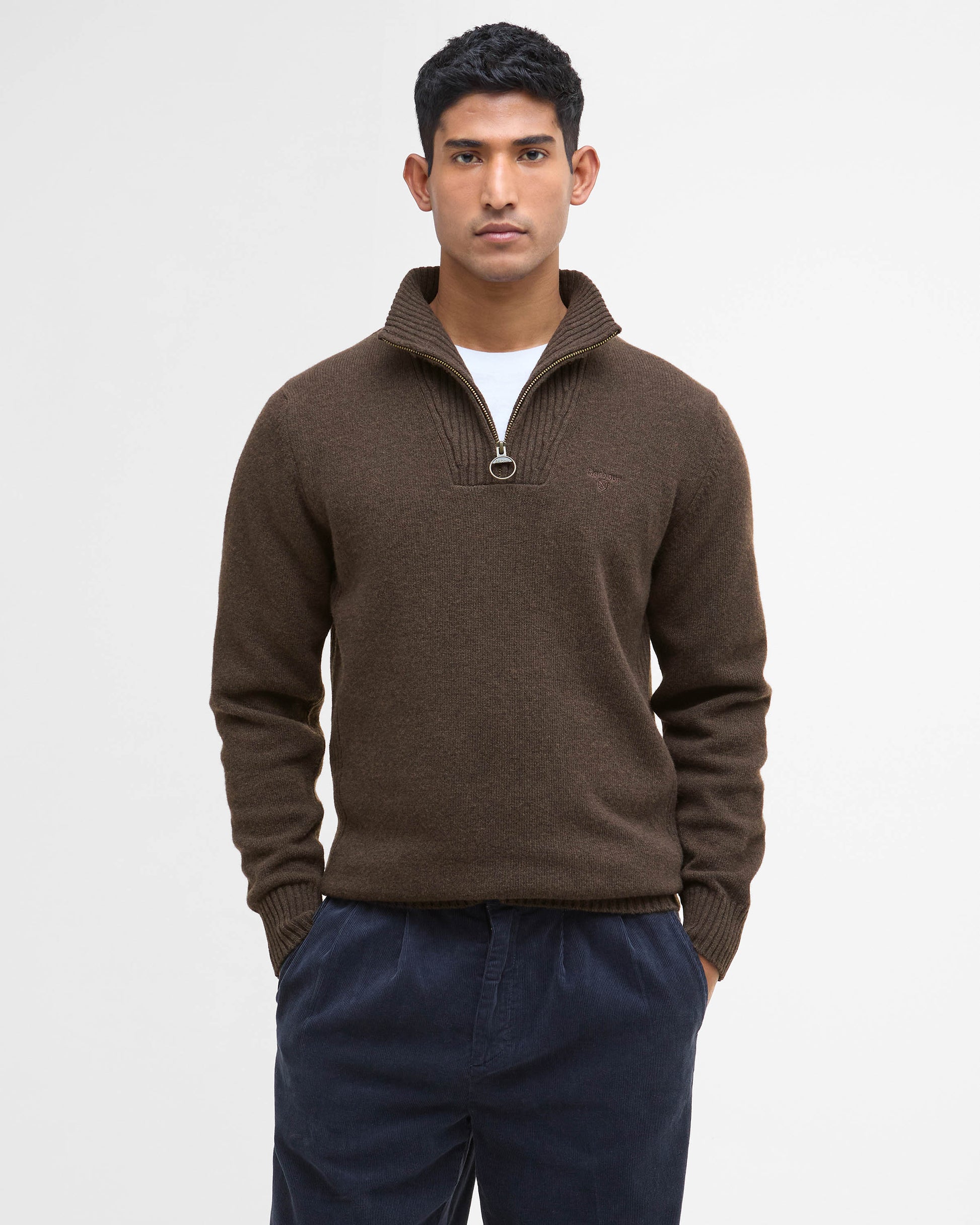 Barbour Essential Lambswool Mens Half-Zip Jumper - Dark Oak | CHO | Designer Mens Knitwear