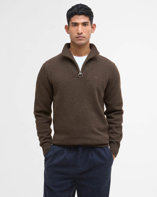 Barbour Essential Lambswool Mens Half-Zip Jumper - Dark Oak | CHO | Designer Mens Knitwear