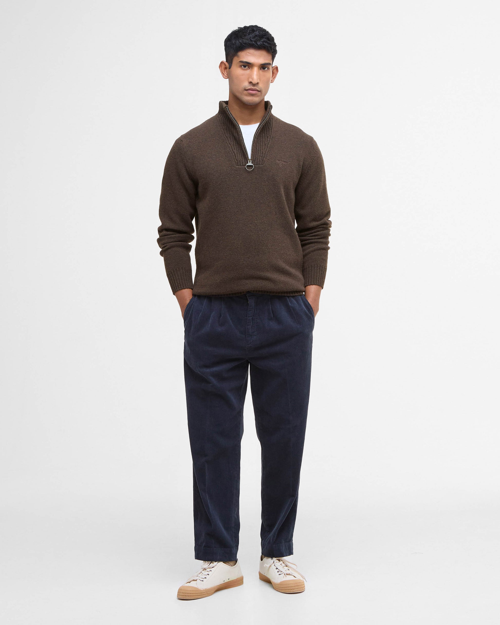 Barbour Essential Lambswool Mens Half-Zip Jumper - Dark Oak | CHO | Designer Mens Knitwear