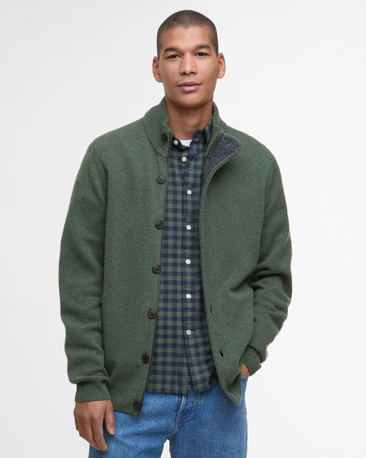 Barbour Patch Buttoned Full-Zip Mens Knit - Olive | CHO | Designer Mens Jumpers