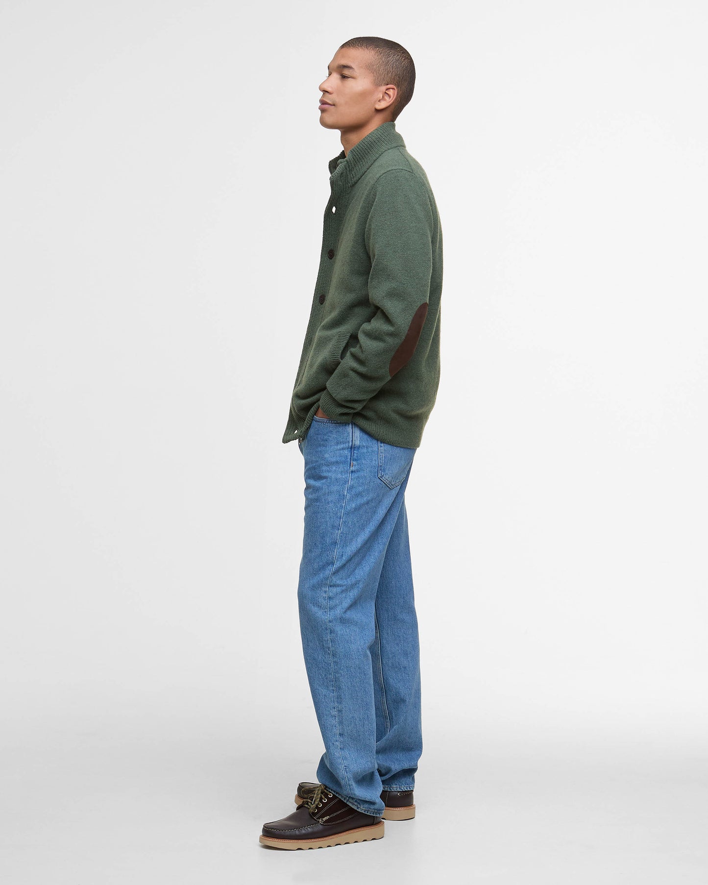 Barbour Patch Buttoned Full-Zip Mens Knit - Olive | CHO | Designer Mens Jumpers