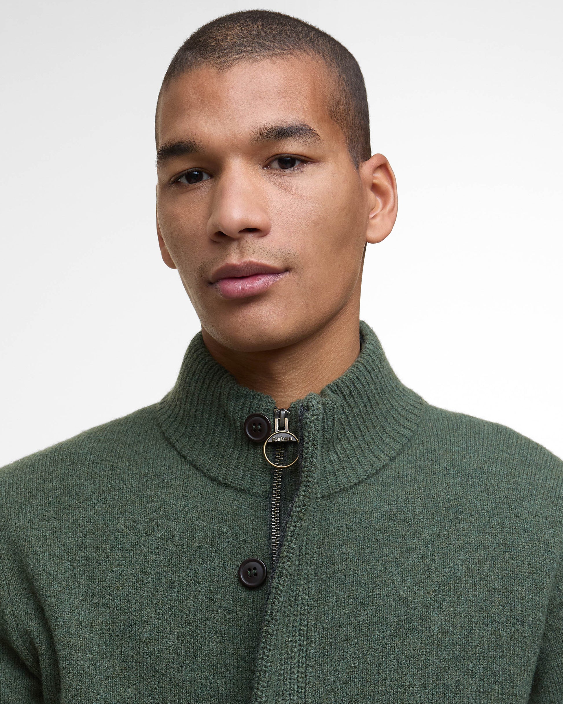Barbour Patch Buttoned Full-Zip Mens Knit - Olive | CHO | Designer Mens Jumpers