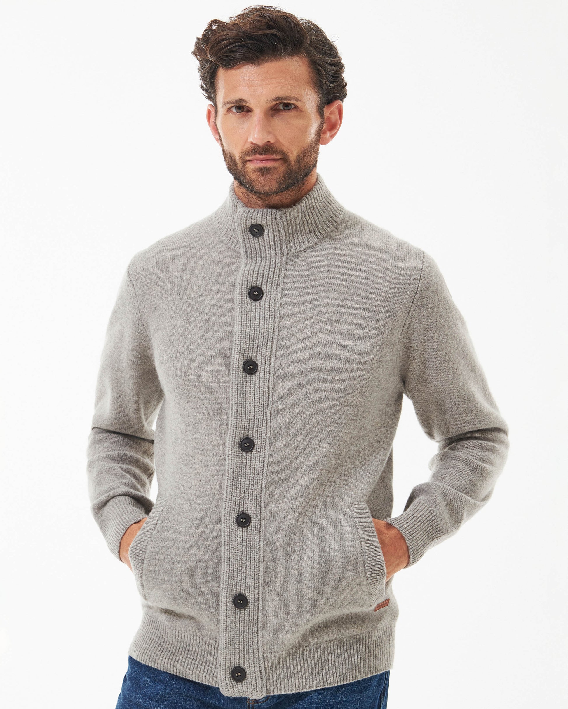 Barbour Patch Buttoned Full-Zip Mens Knit - New Stone | CHO | Designer Mens Jumpers