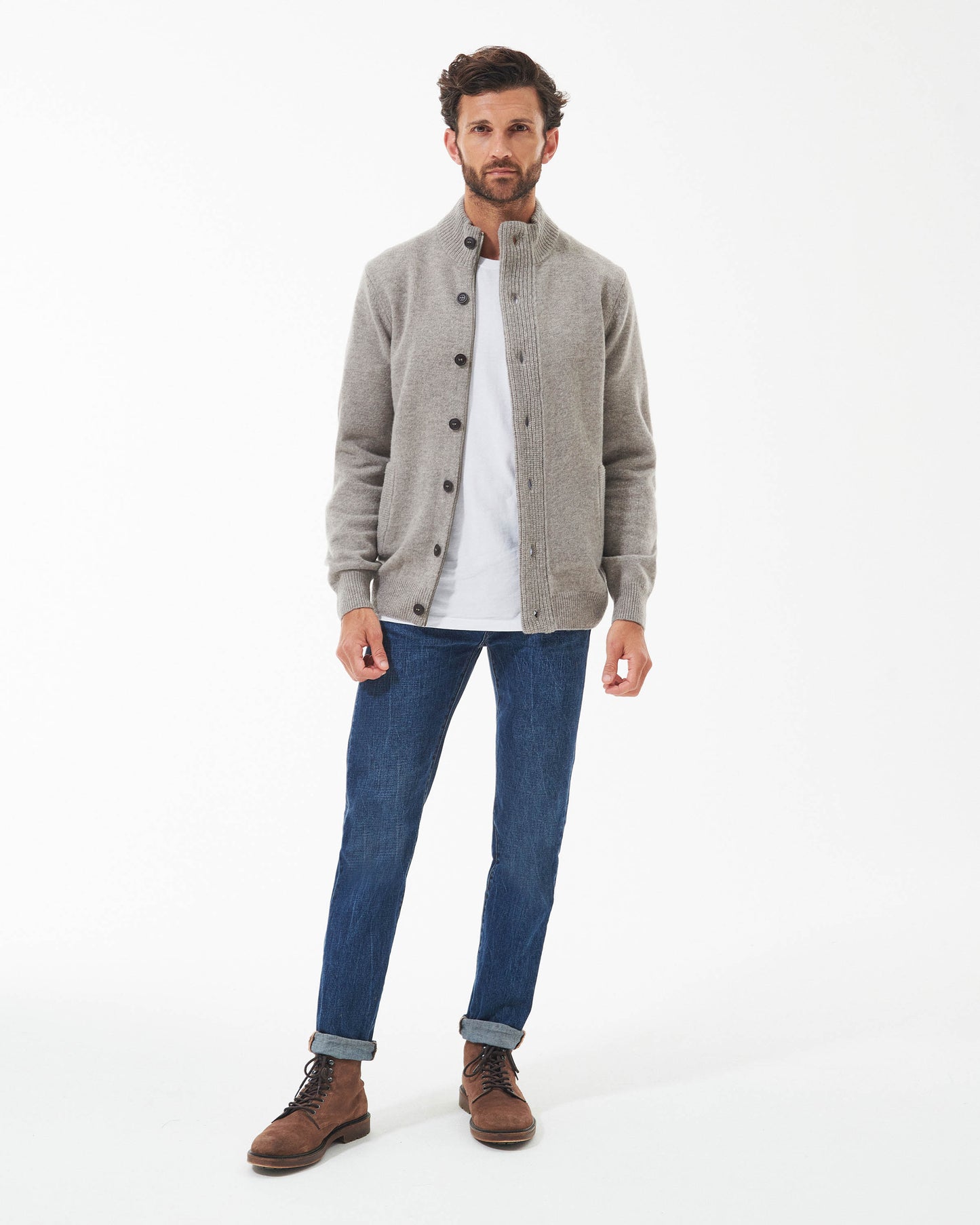 Barbour Patch Buttoned Full-Zip Mens Knit - New Stone | CHO | Designer Mens Jumpers