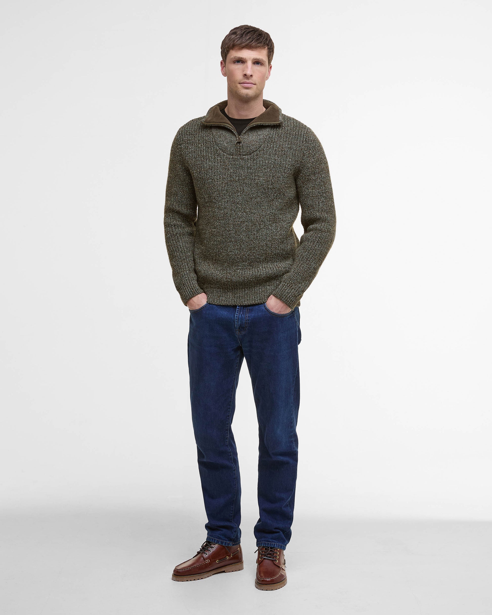 Barbour New Tyne Mens Half Zip Knitted Jumper - Derby Tweed | CHO | Designer Mens Quarter Zip Jumpers