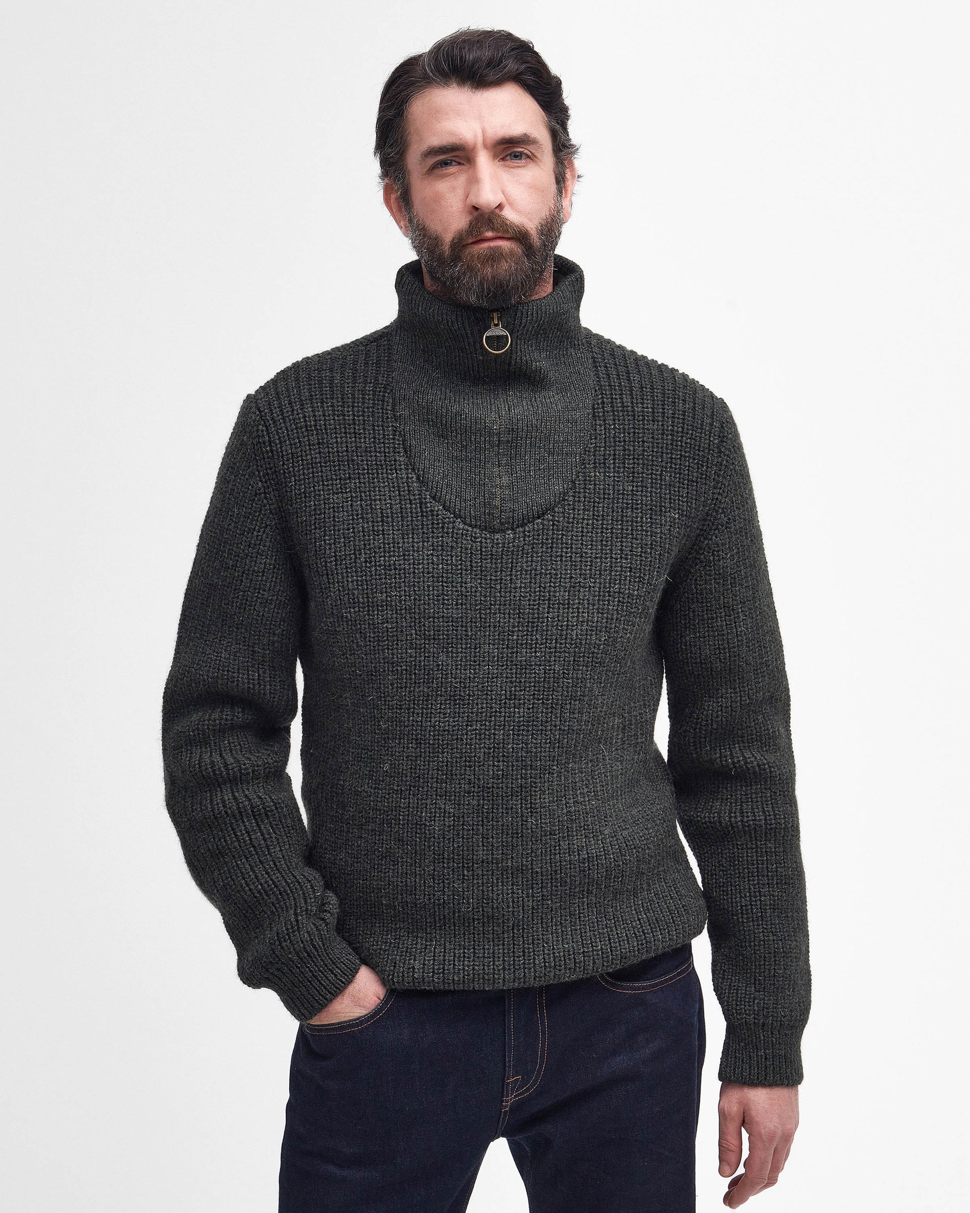 Barbour New Tyne Mens Half Zip Knitted Jumper - Olive | CHO | Designer Mens Quarter Zip Jumpers
