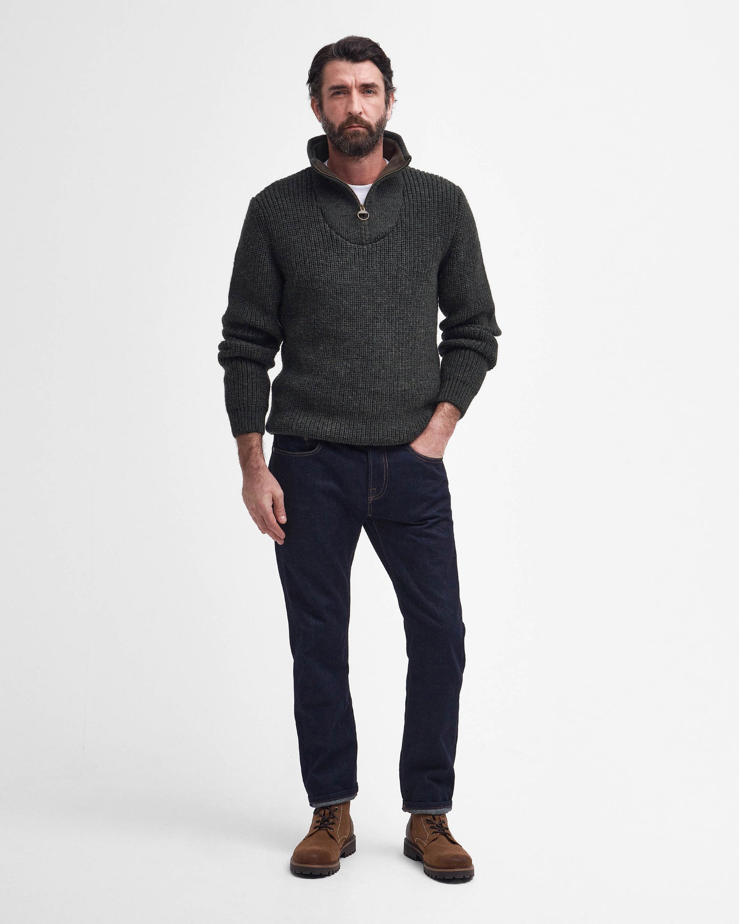 Barbour New Tyne Mens Half Zip Knitted Jumper - Olive | CHO | Designer Mens Quarter Zip Jumpers