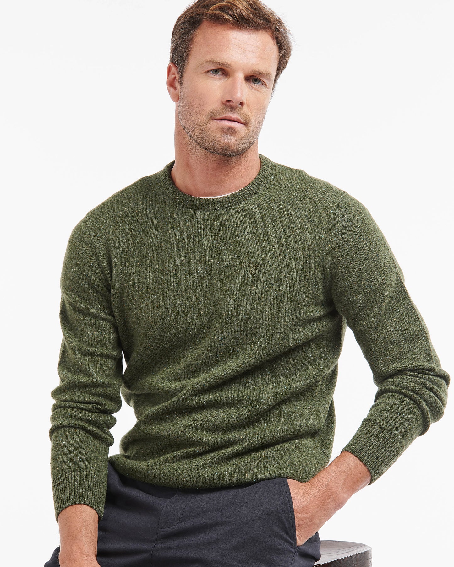 Barbour Essential Tisbury Mens Crew Neck Sweater - Forest | CHO | Designer Mens Crew Neck Jumpers