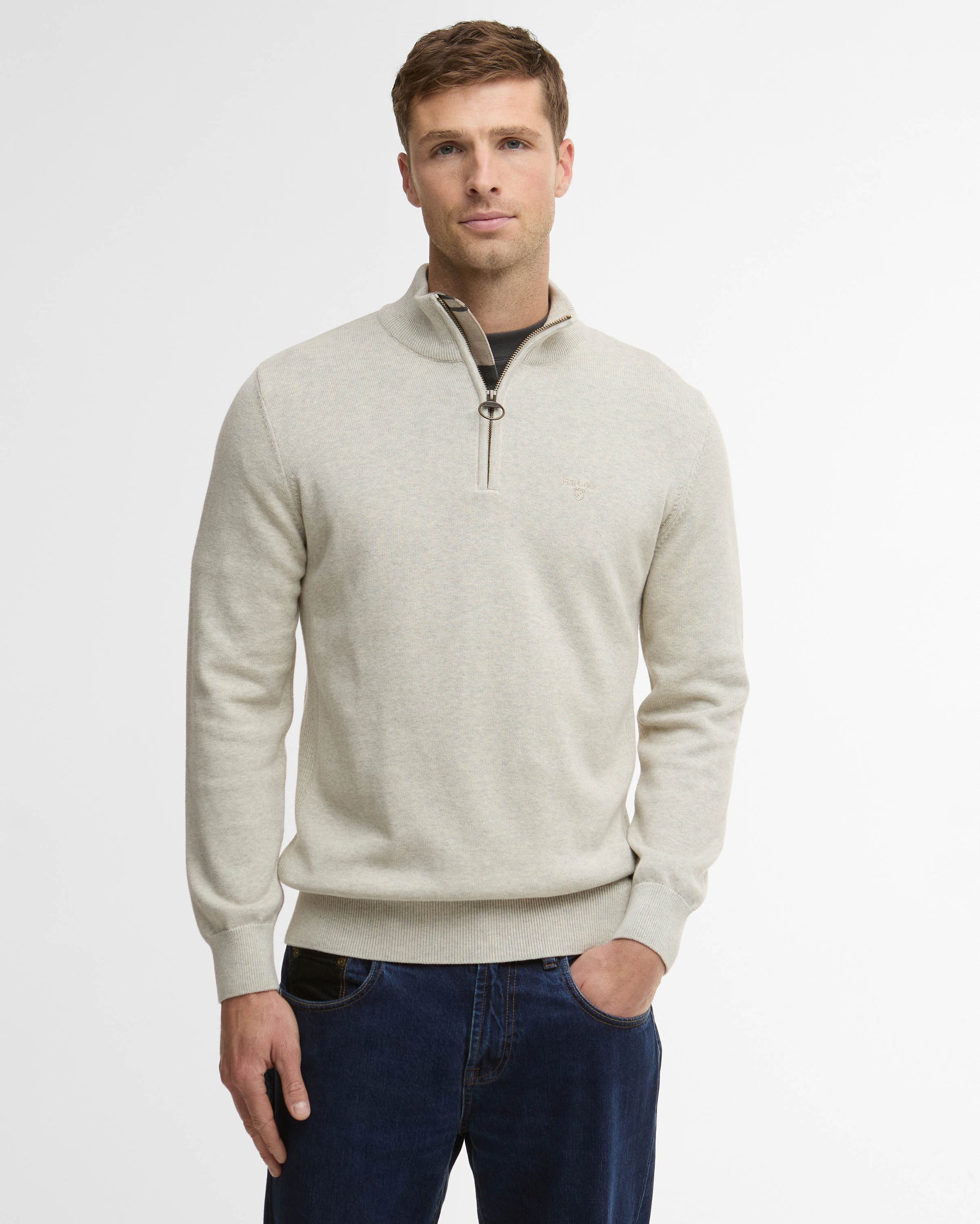 Barbour Cotton Mens Half Zip Jumper - Neutral | CHO | Designer Mens Knitwear