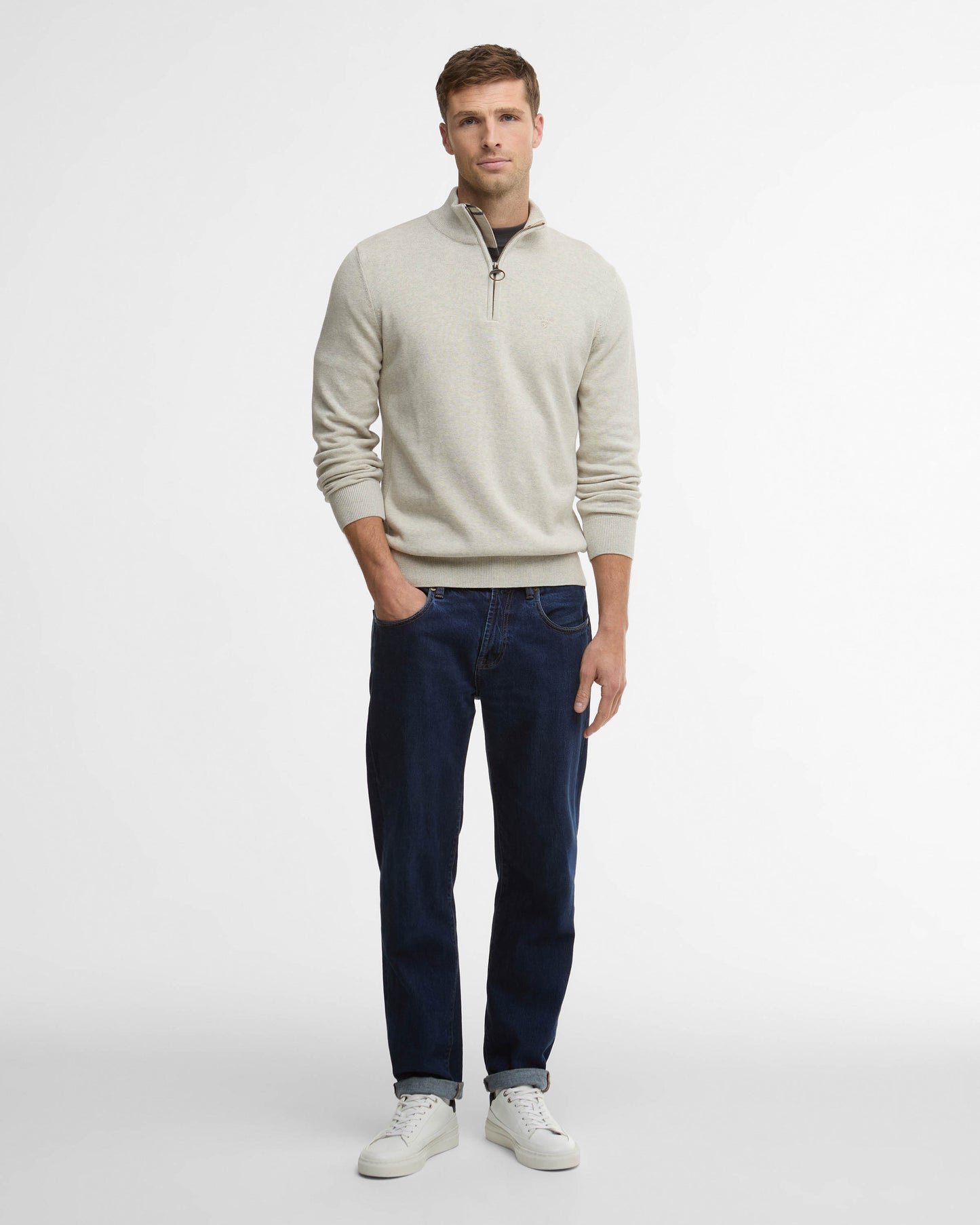 Barbour Cotton Mens Half Zip Jumper - Neutral | CHO | Designer Mens Knitwear