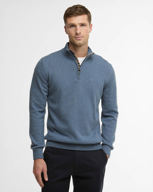 Barbour Cotton Mens Half Zip Jumper - Dusk Blue | CHO | Designer Mens Knitwear