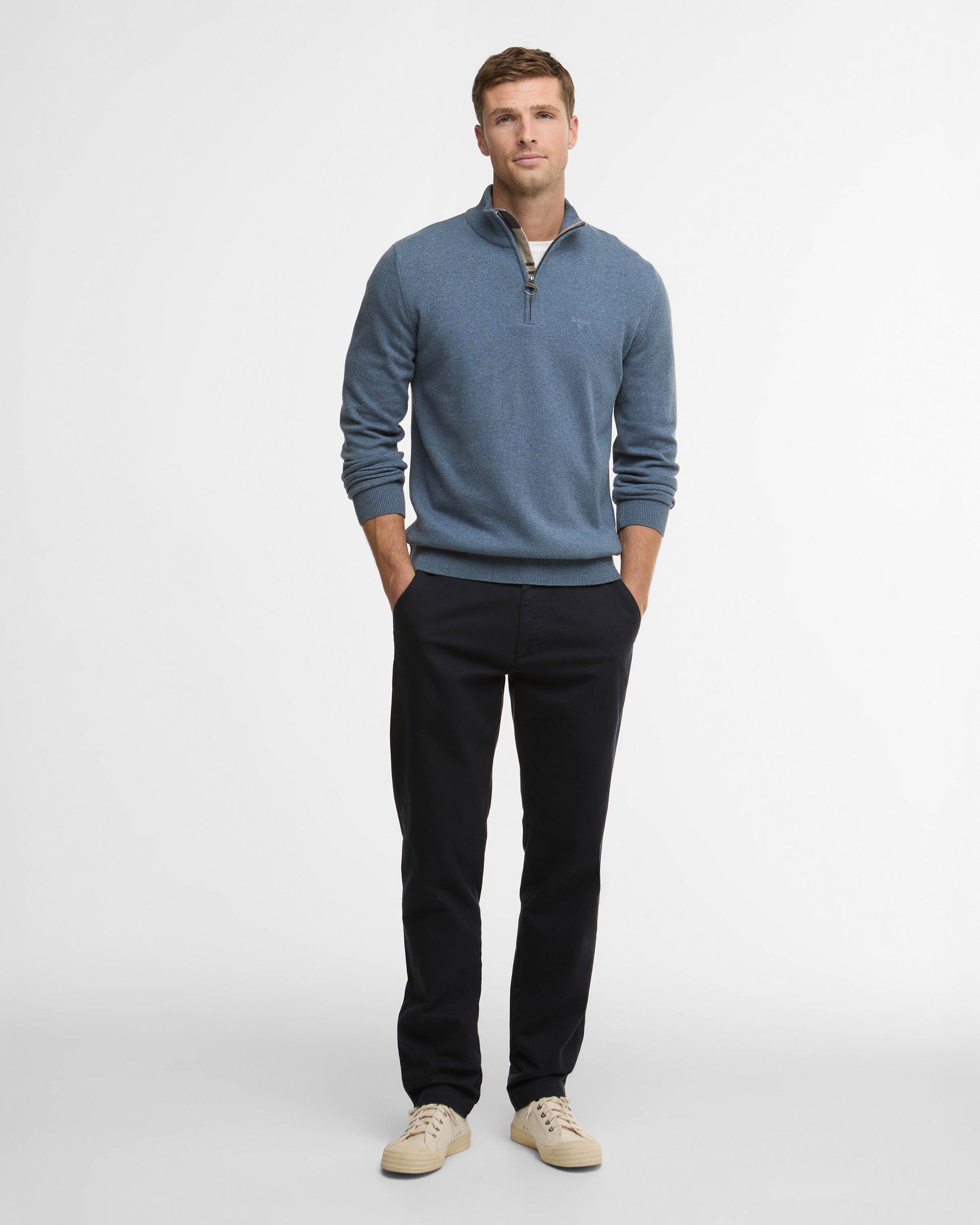 Barbour Cotton Mens Half Zip Jumper - Dusk Blue | CHO | Designer Mens Knitwear
