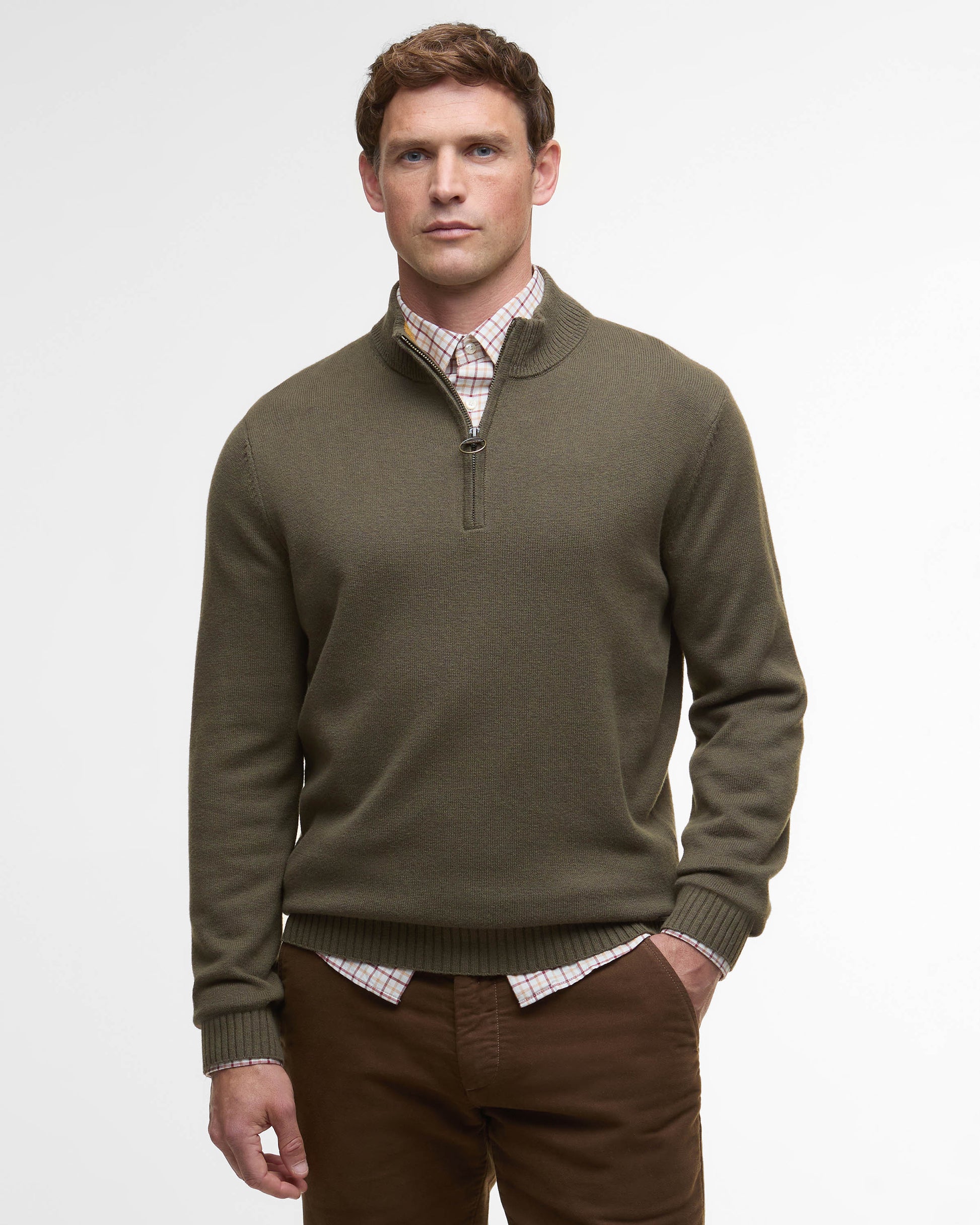Barbour Kelson Mens Half Zip Knitted Jumper - Olive | CHO | Designer Mens Half Zip Jumpers