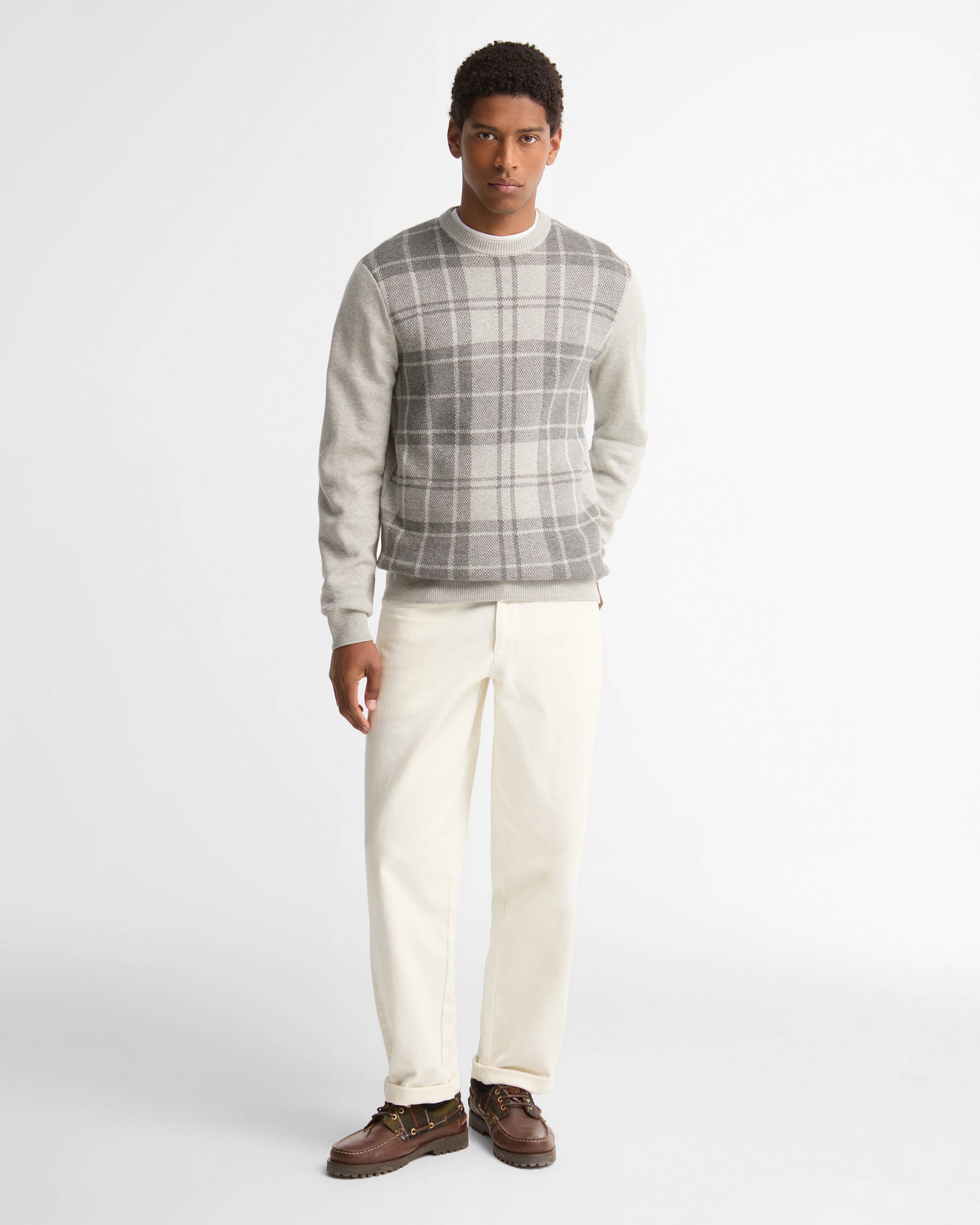 Barbour Mineral Mens Tartan Crew Neck Sweater - Grey Marl | CHO | Designer Mens Crew Neck Jumpers