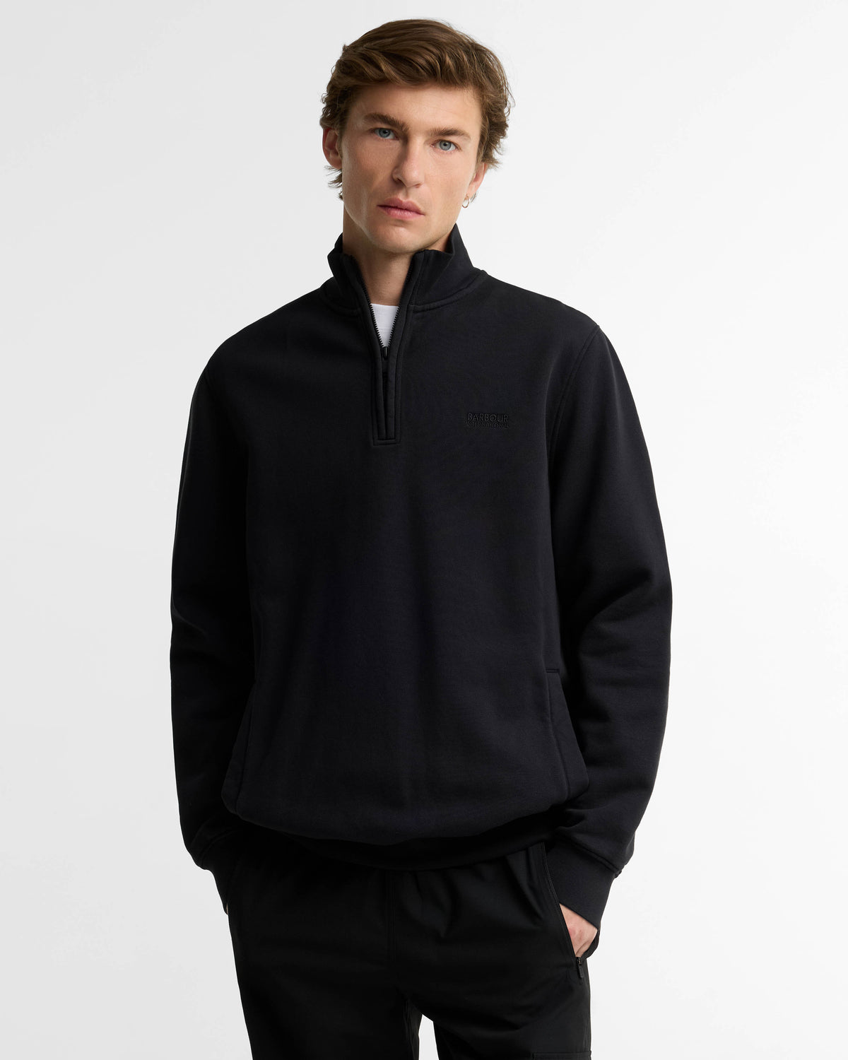 Barbour International 90th Anniversary Mens Half Zip Sweatshirt - Black | CHO | Designer Mens Quarter Zip Sweatshirts