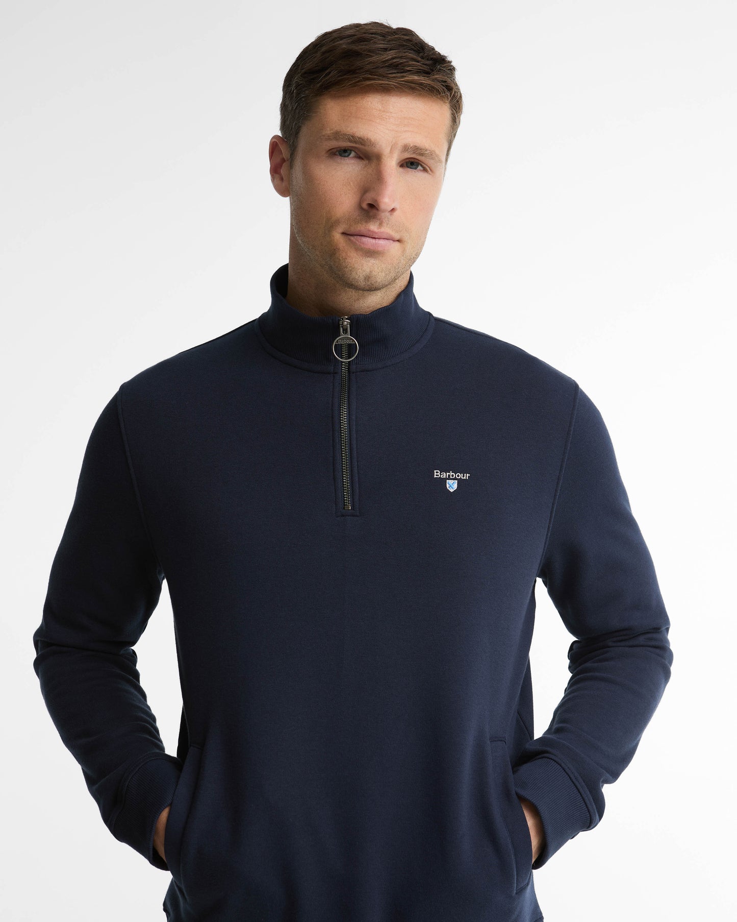 Barbour Desmond Mens Half Zip Sweatshirt - Navy, detail.