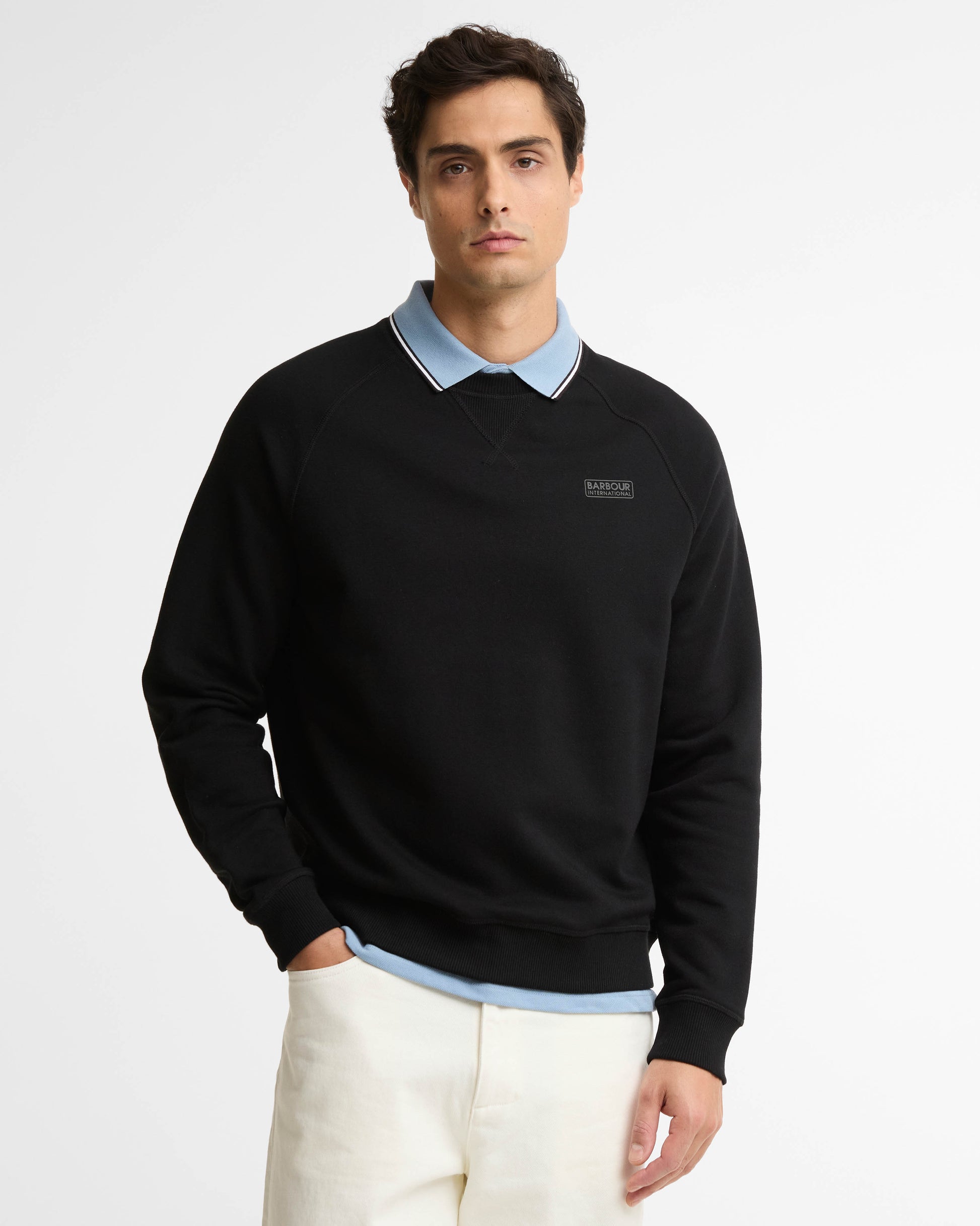 Barbour International Essential Mens Crew Neck Sweatshirt - Black/Pewter | CHO | Designer Mens Crew Neck Sweatshirts