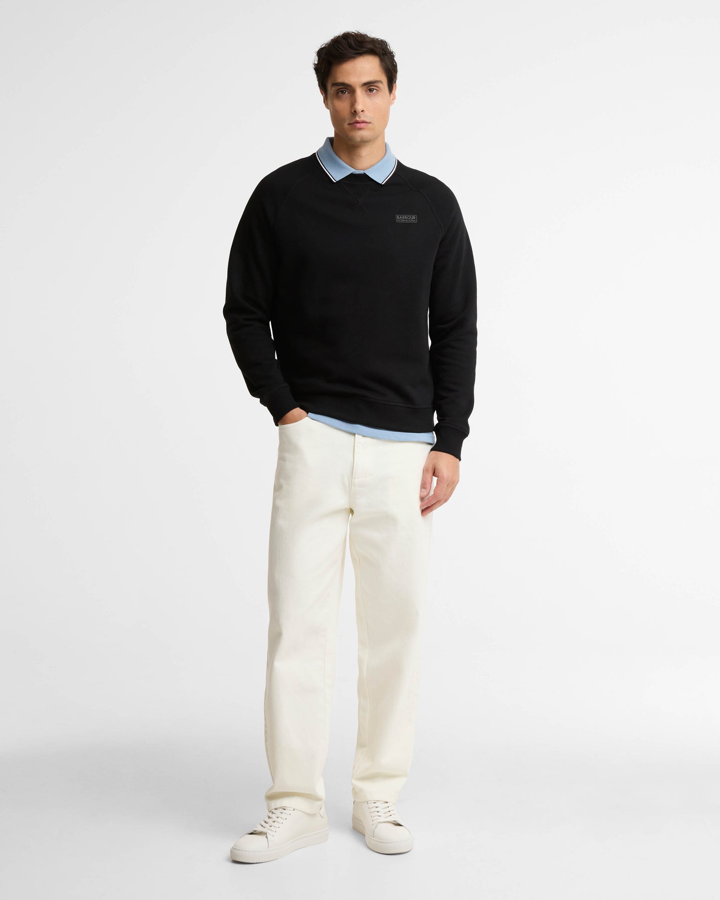 Barbour International Essential Mens Crew Neck Sweatshirt - Black/Pewter | CHO | Designer Mens Crew Neck Sweatshirts