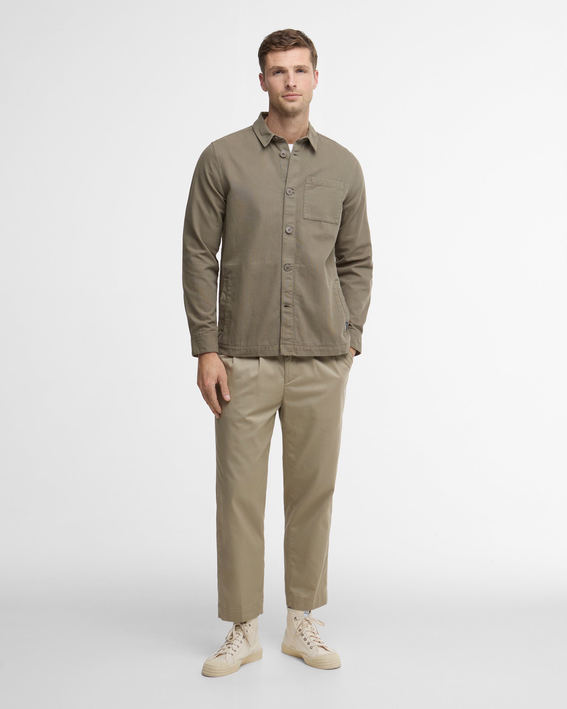 Barbour Washed Mens Overshirt in Smokey Olive - Full length