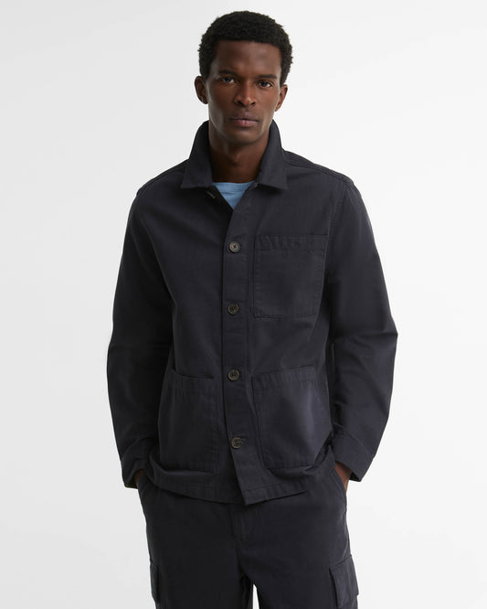 Barbour Mens Tartan Trimmed Washed Overshirt - Dark Navy, front.