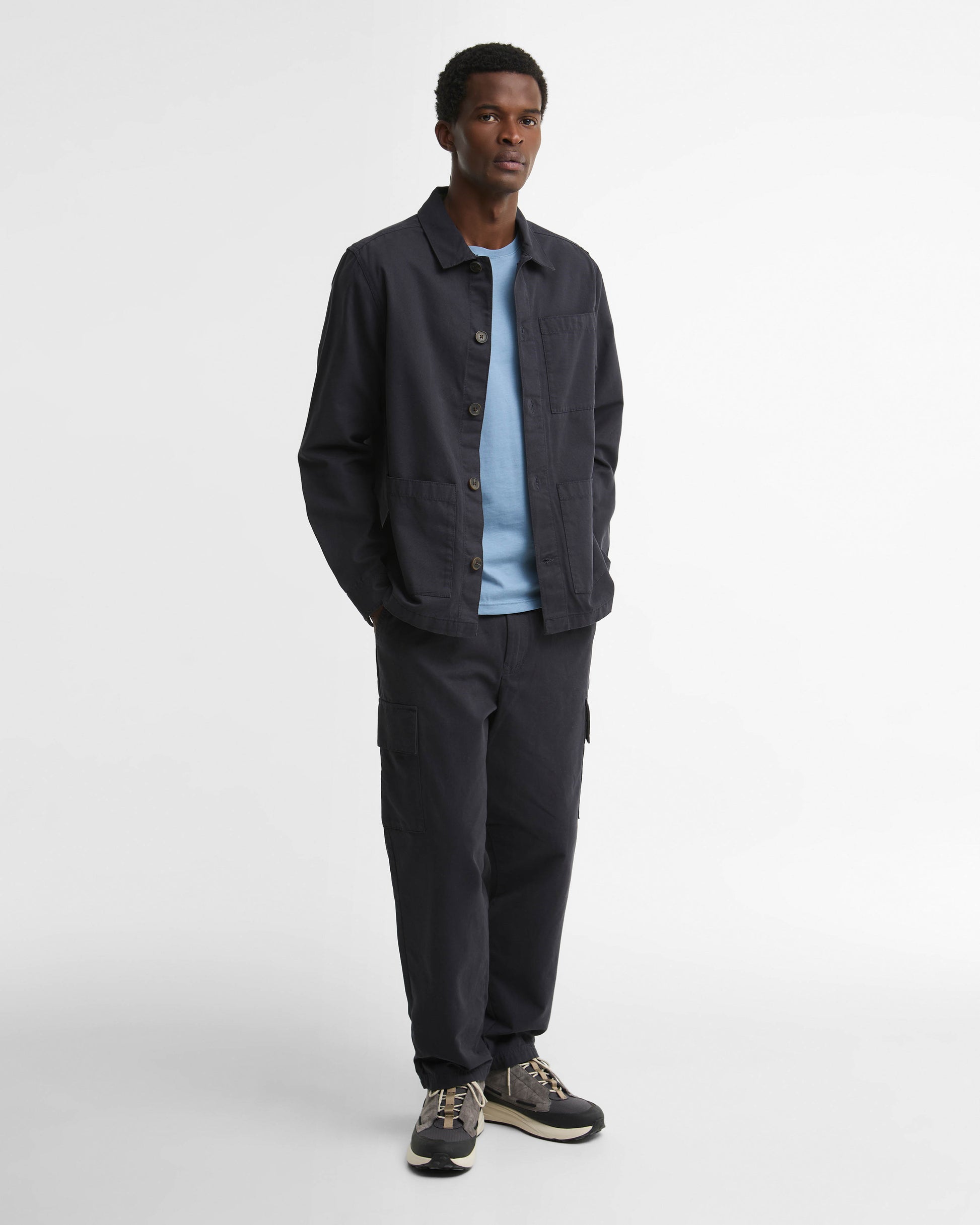 Barbour Mens Tartan Trimmed Washed Overshirt - Dark Navy, full length.