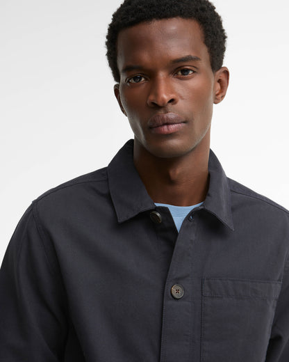 Barbour Mens Tartan Trimmed Washed Overshirt - Dark Navy, collar detail. 