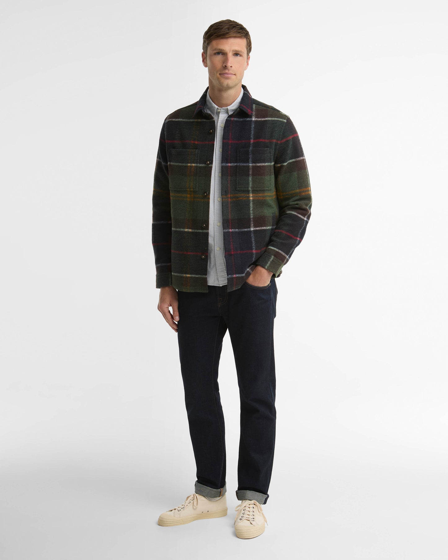 Barbour Woodlane Mens Brushed Check Overshirt - Classic Tartan, full length.