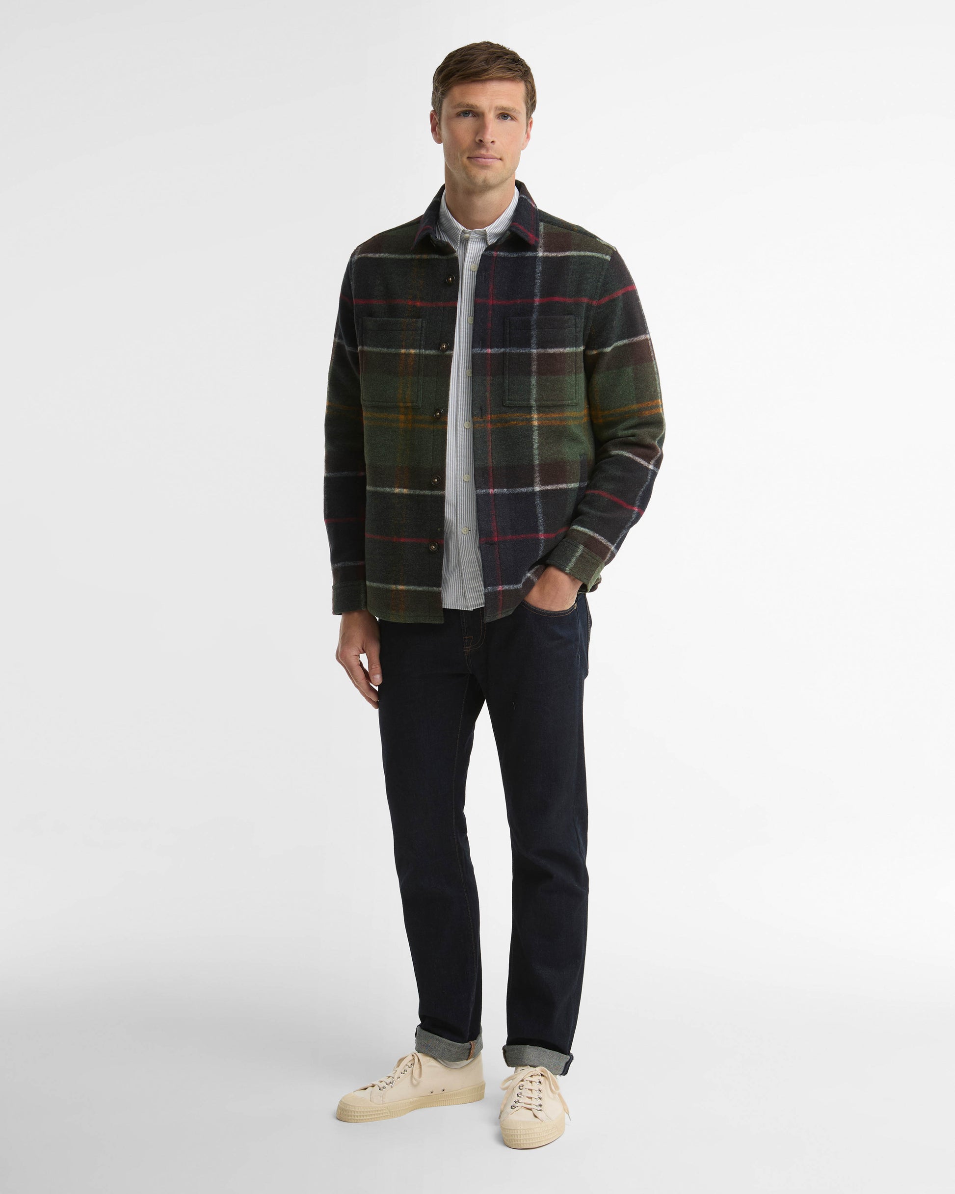 Barbour Woodlane Mens Brushed Check Overshirt - Classic Tartan, full length.