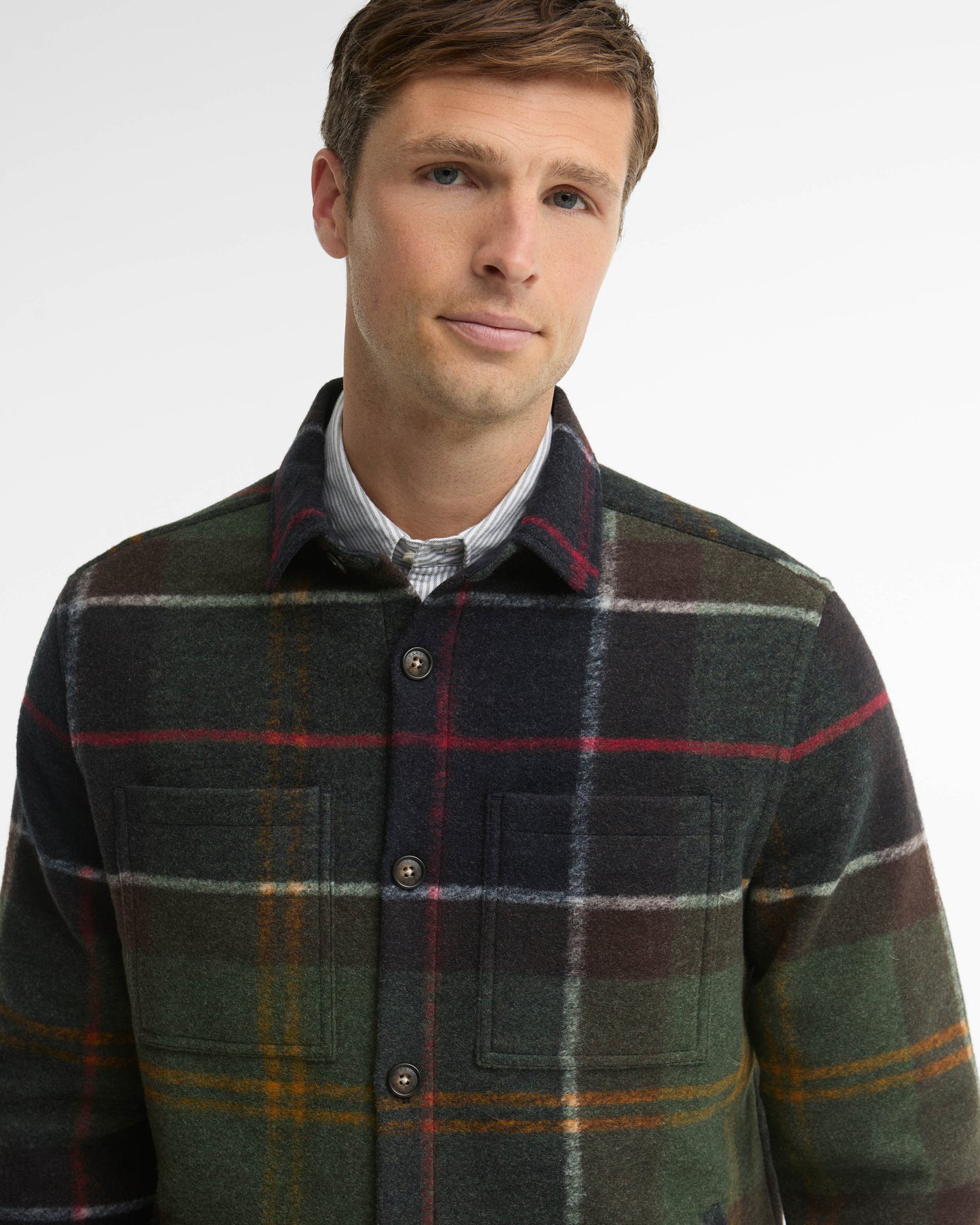 Barbour Woodlane Mens Brushed Check Overshirt - Classic Tartan, collar detail. 