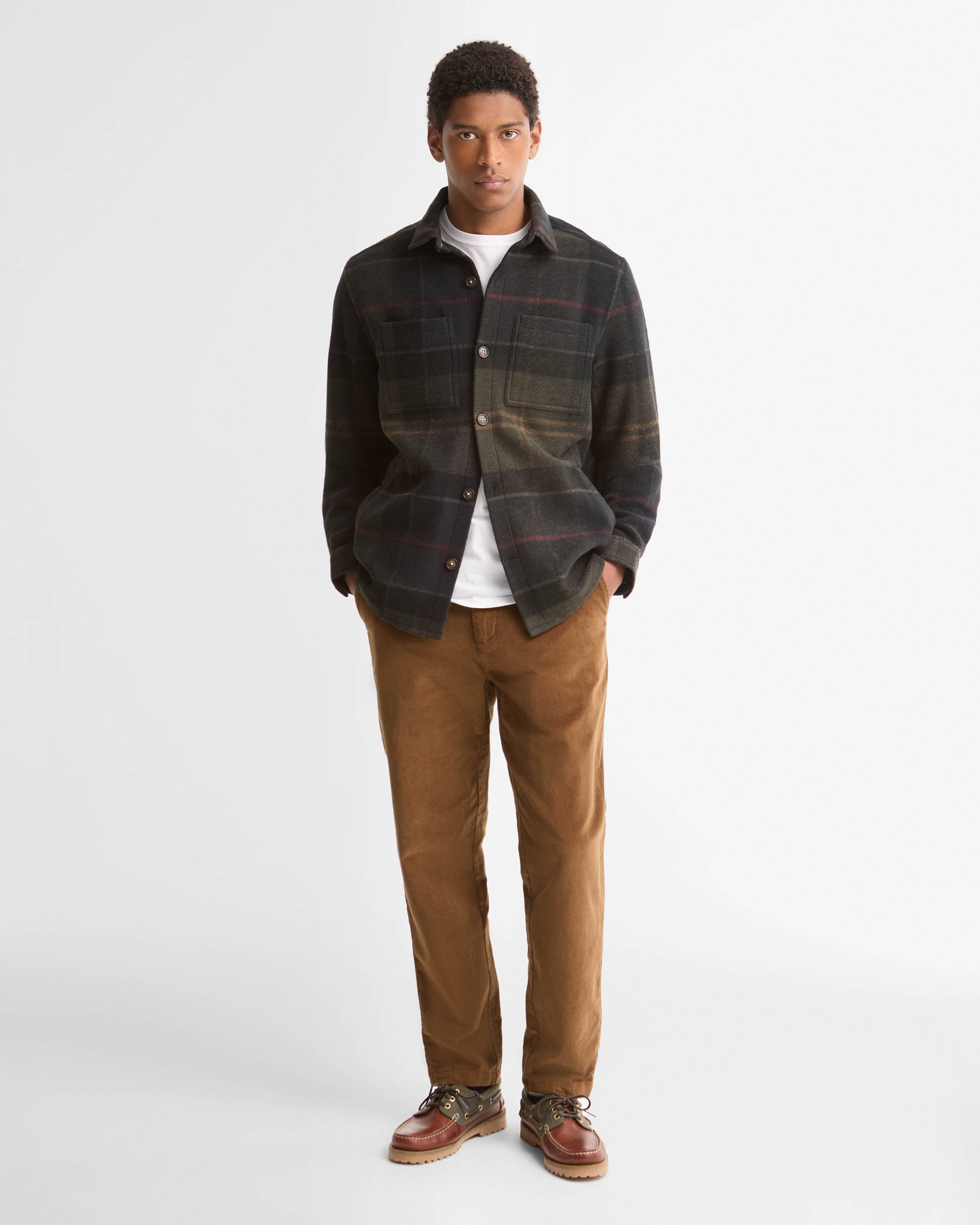 Barbour Woodlane Mens Brushed Check Overshirt - Shadow Classic Tartan, full length. 