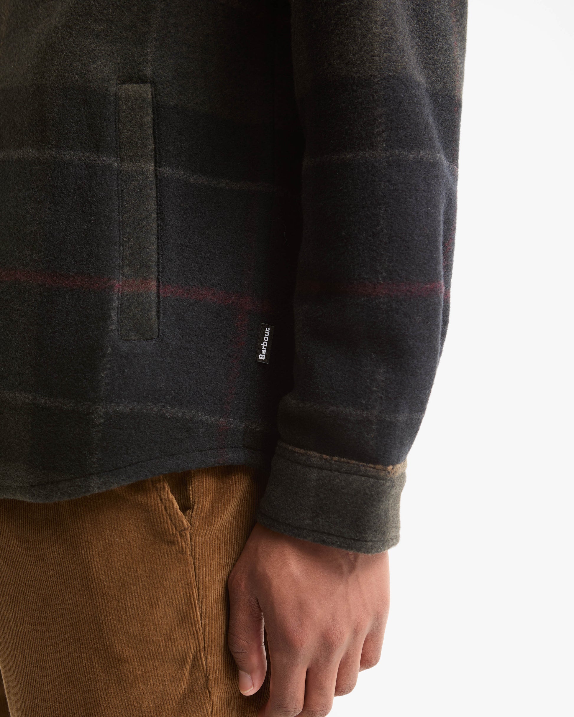 Barbour Woodlane Mens Brushed Check Overshirt - Shadow Classic Tartan, cuff detail.