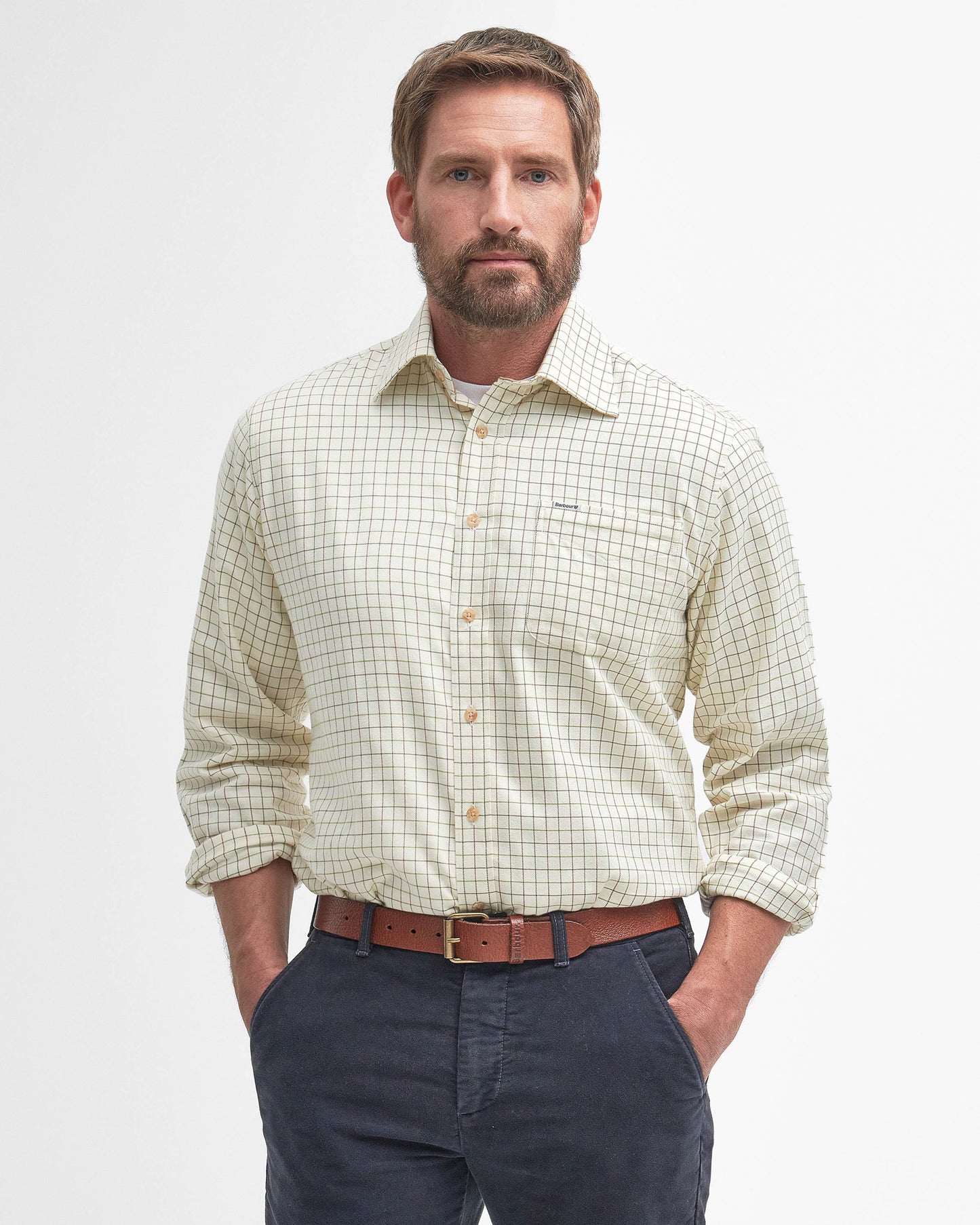 Barbour Field Tattersall Mens Long Sleeve Shirt - Green/Brown | CHO | Designer Mens Long Sleeve Shirts