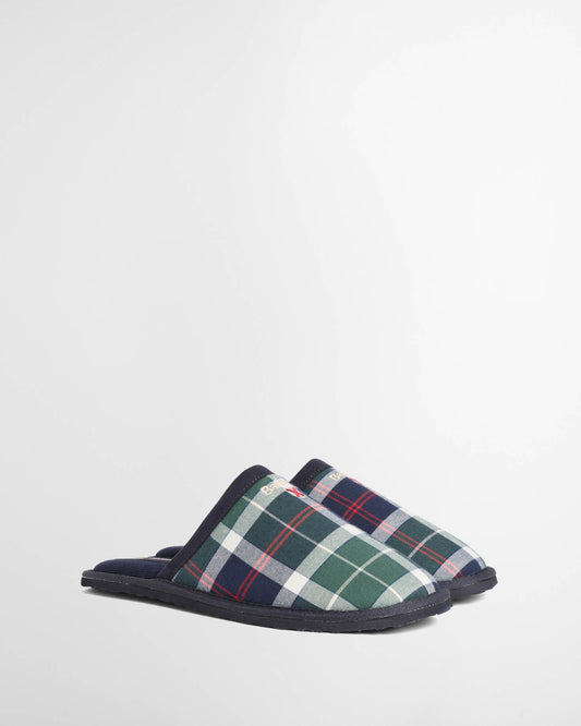 Barbour Everitt Mens Tartan Mule Slippers - Evergreen Festive Tartan, side, pair.