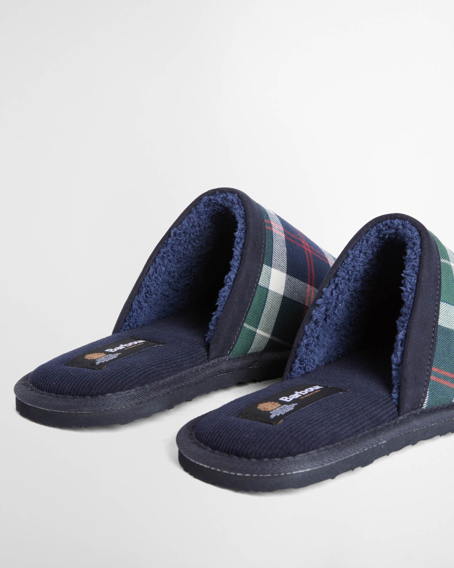 Barbour Everitt Mens Tartan Mule Slippers - Evergreen Festive Tartan back detail, pair.