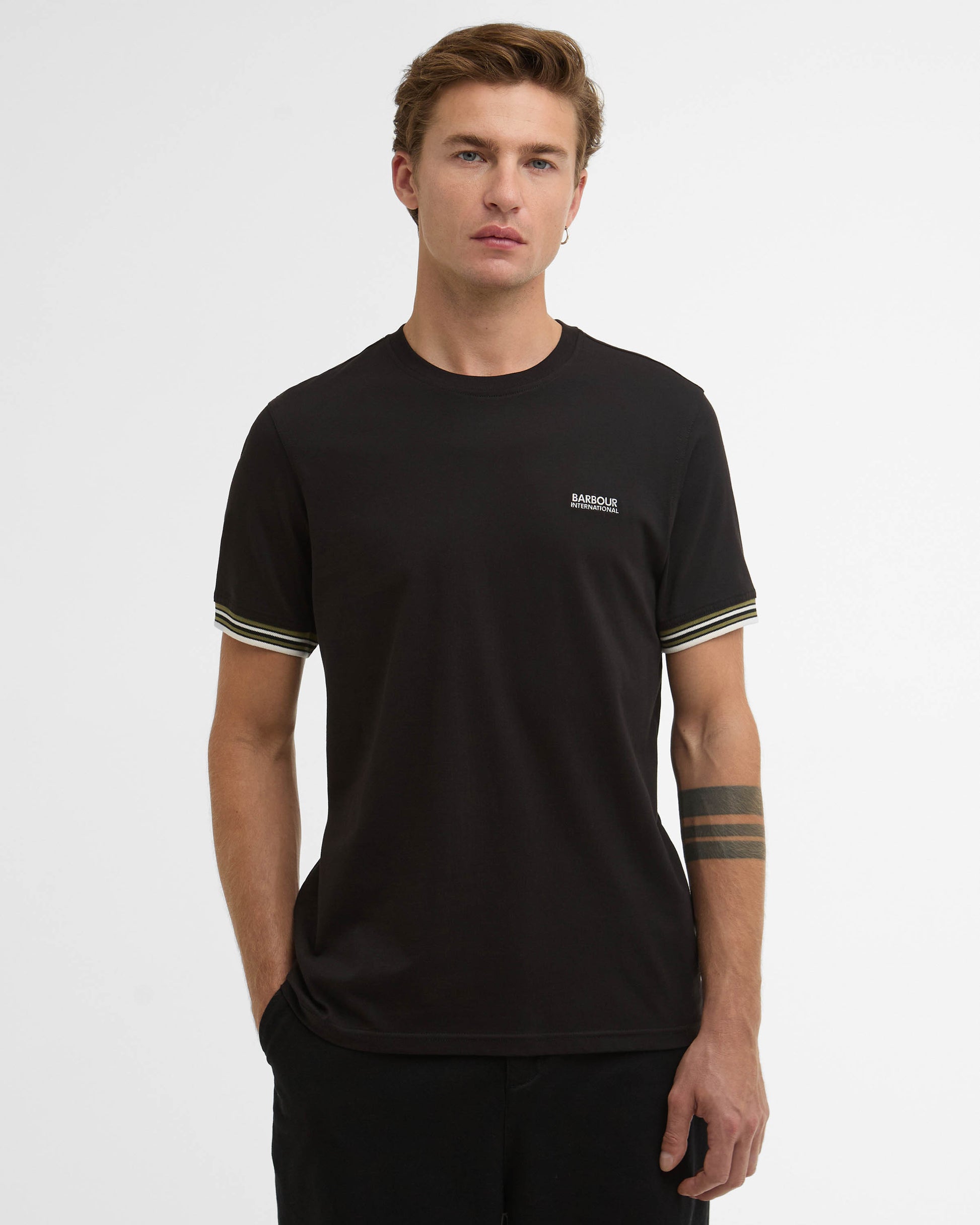 Barbour International Burnwood Mens Tipped Cuff T-Shirt - Black | CHO | Designer Mens T-Shirts