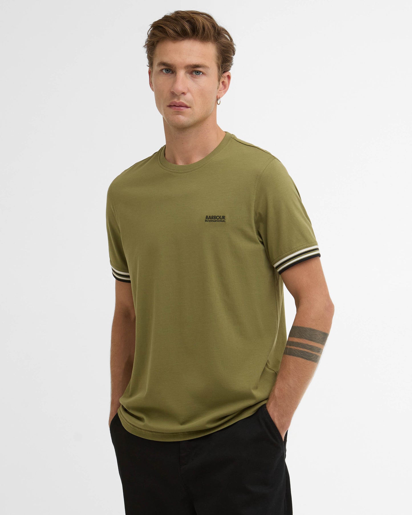 Barbour International Burnwood Mens Tipped Cuff T-Shirt - Burnt Olive | CHO | Designer Mens T-Shirts