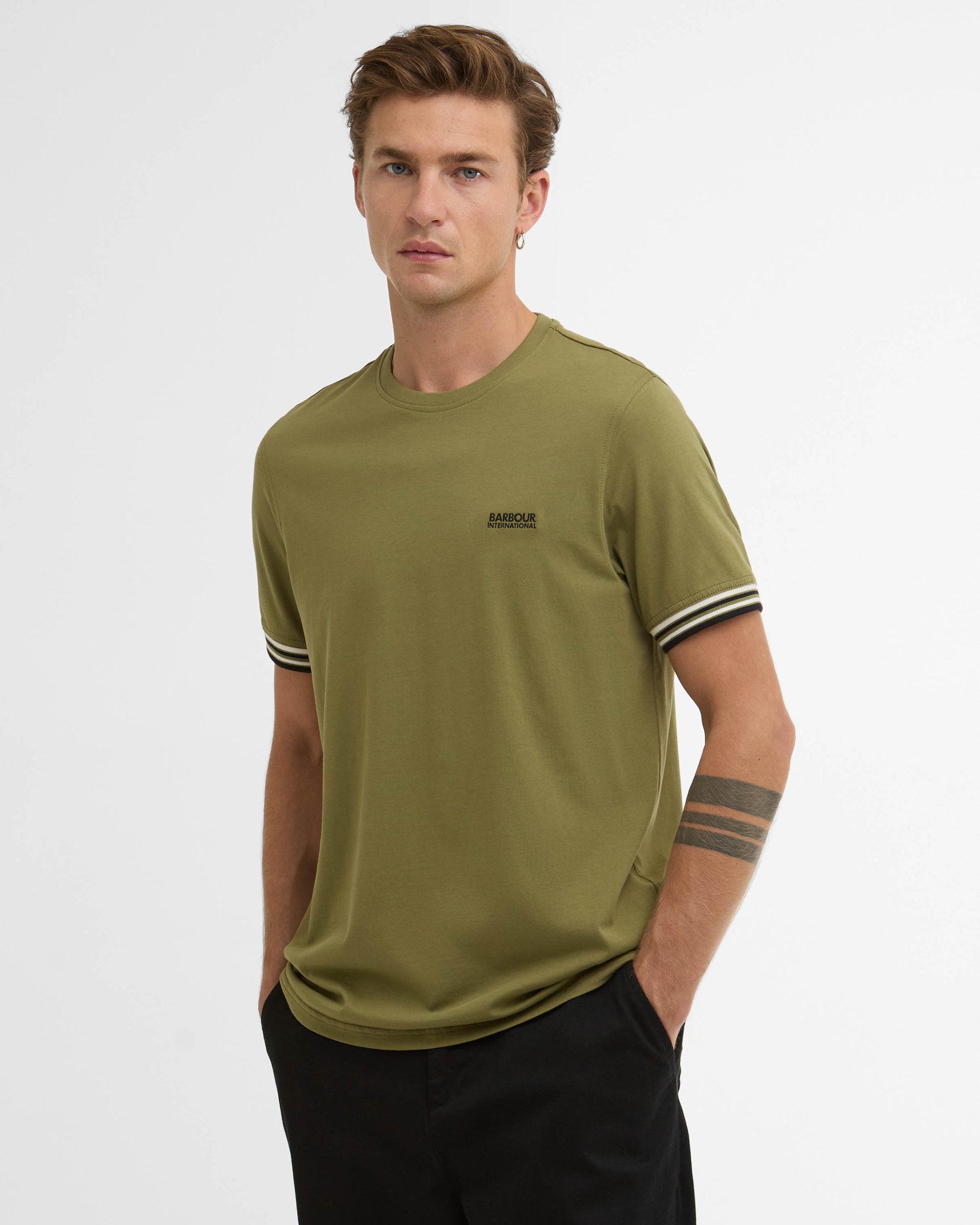 Barbour International Burnwood Mens Tipped Cuff T-Shirt - Burnt Olive | CHO | Designer Mens T-Shirts
