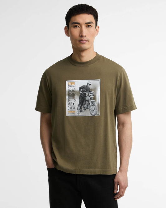 Barbour International Steve McQueen Brandon Mens Graphic T - Shirt - Mid Olive | CHO | Designer Mens T - Shirts