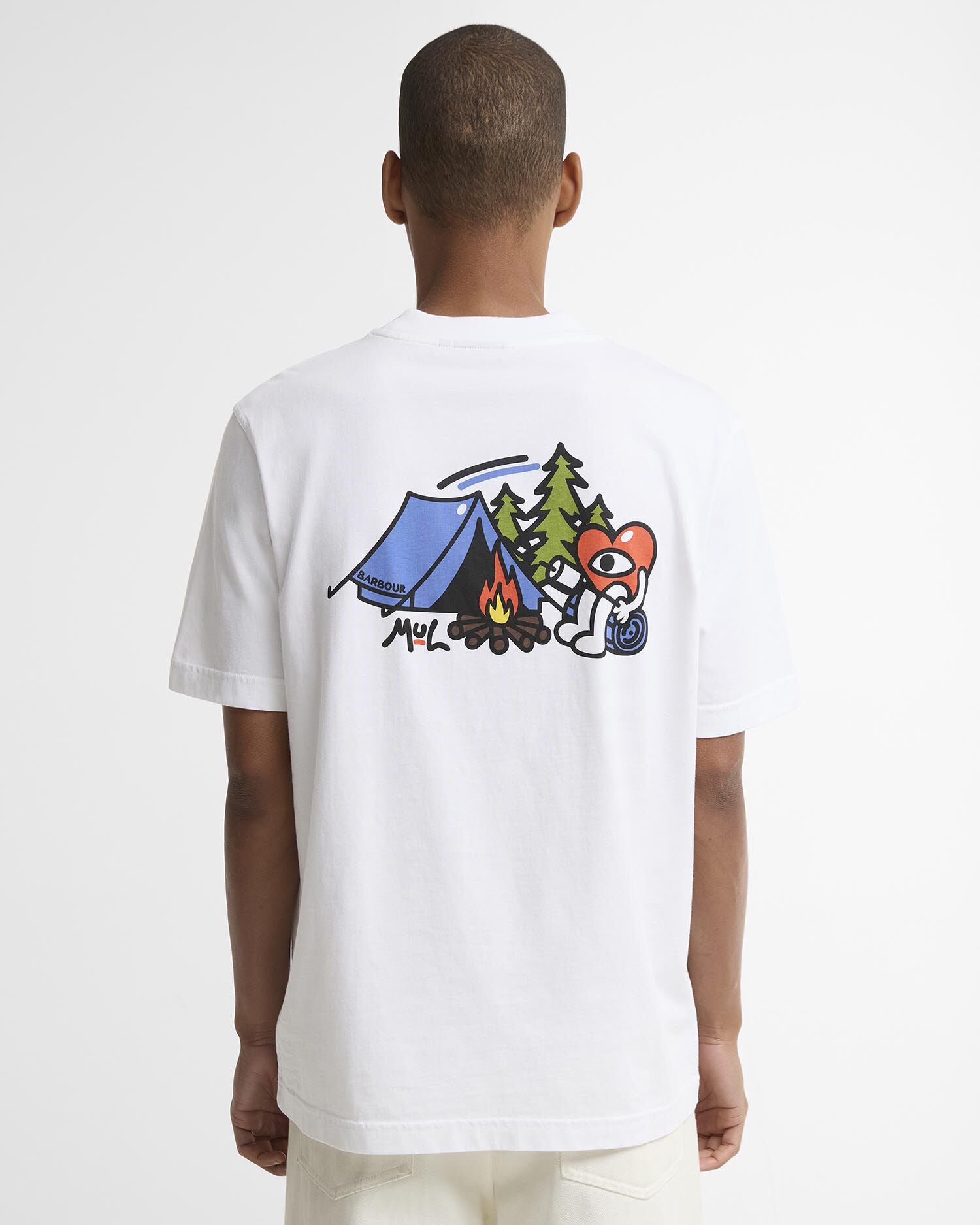 Barbour x Mul Mens Camping Trip Graphic T - Shirt - White | CHO | Designer Mens T - Shirts