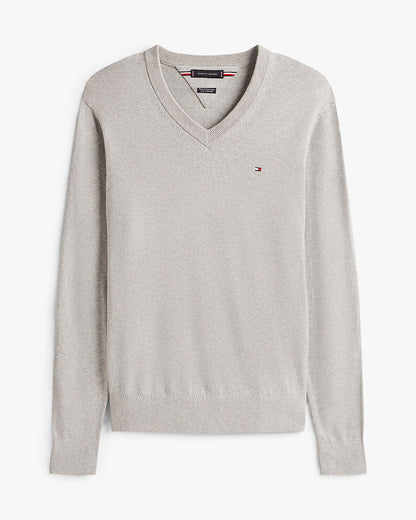 Tommy Hilfiger Pima Organic Cotton Mens Cashmere V-Neck Jumper - Light Grey Heather
