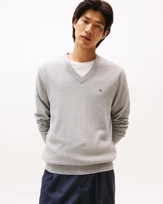 Tommy Hilfiger Pima Organic Cotton Mens Cashmere V-Neck Jumper - Light Grey Heather