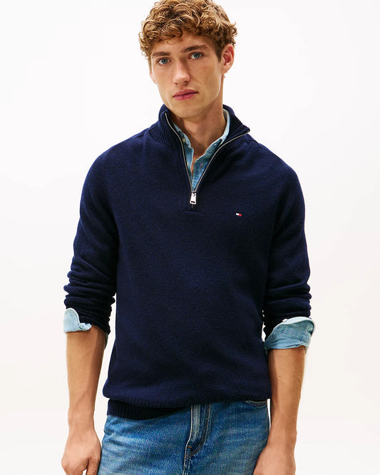Tommy Hilfiger Lambswool Half-Zip Mock Neck Mens Jumper - Desert Sky