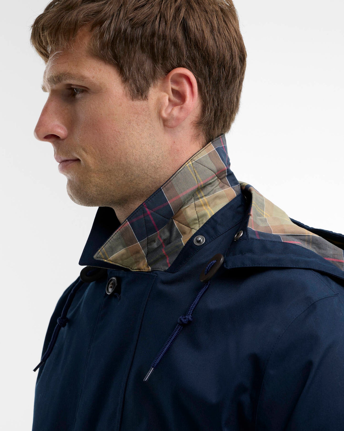Barbour Lorig Mens Waterproof Mac - Navy, collar detail