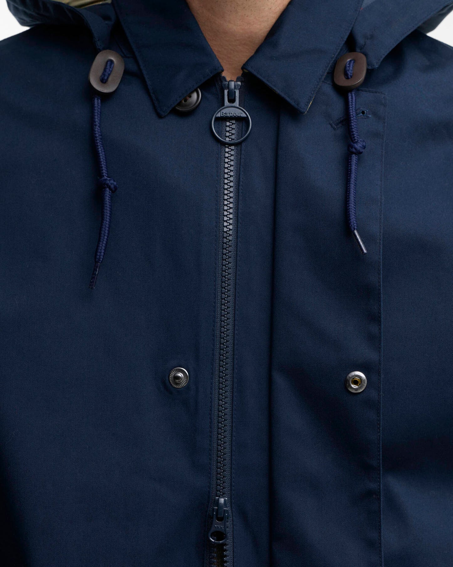 Barbour Lorig Mens Waterproof Mac - Navy, zip detail