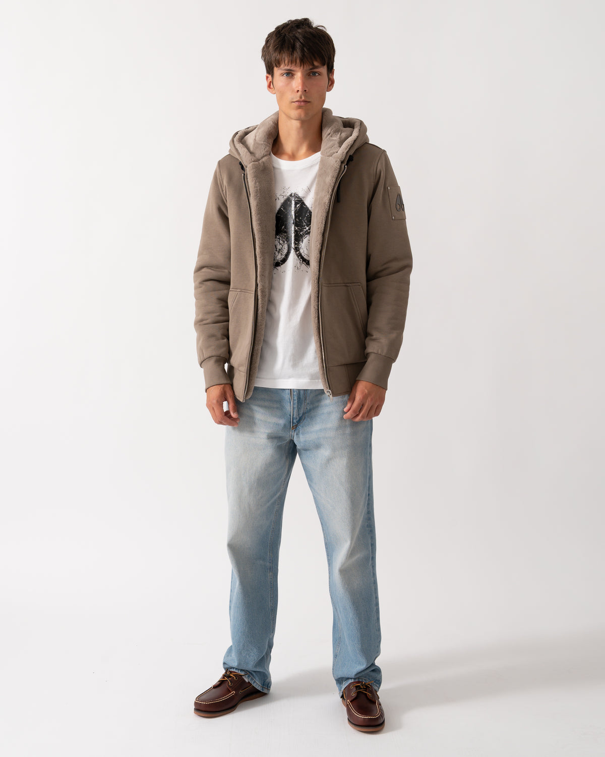 full length of a model wearing a Moose Knuckles Classic Bunny 3 Mens Fleece Hoodie in Ashen 2019
