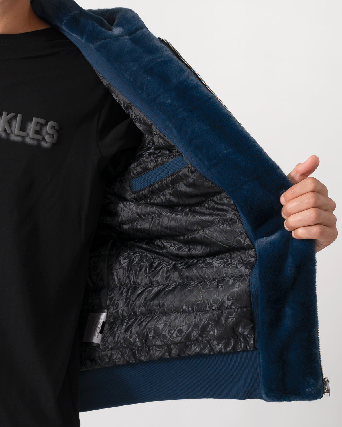 lining and faux fur trim of a Moose Knuckles Classic Bunny 3 Mens Fleece Hoodie in Nightfall 2017 